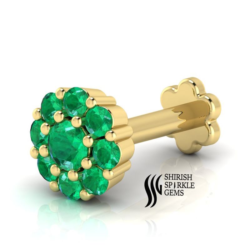natural green emerald Solid Gold Round Emerald Cut Floral Nose Pin Gift for Women