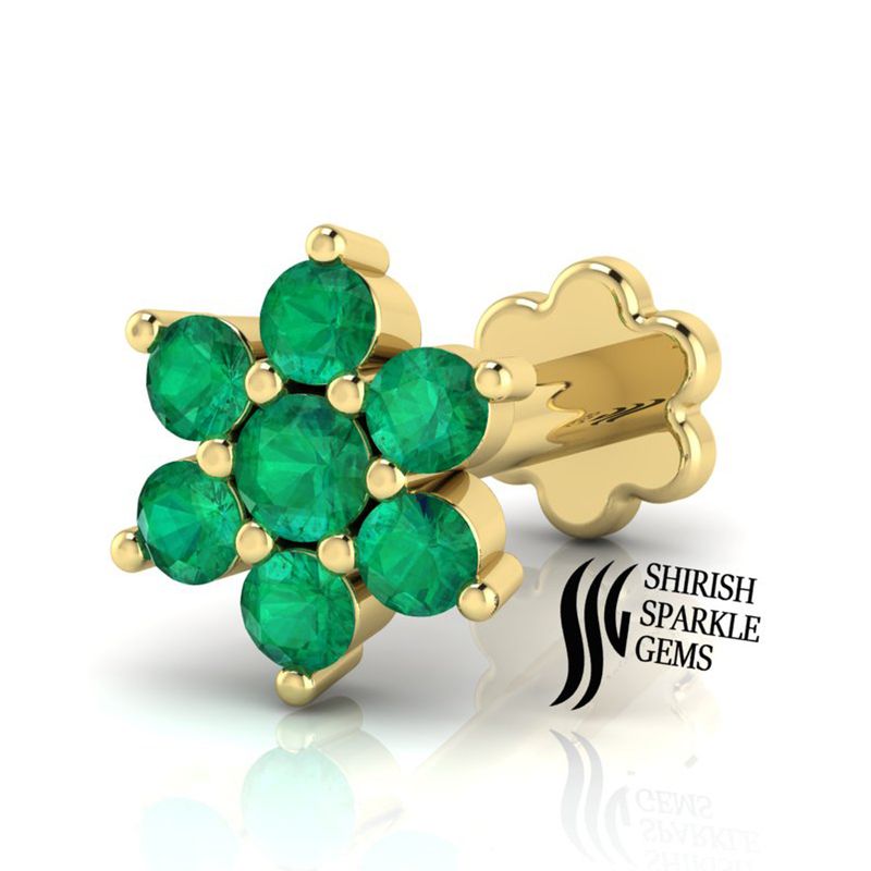 Solid Gold Round Emerald Floral Cluster Nose Pin â Elegant Green Gemstone Stud Gift