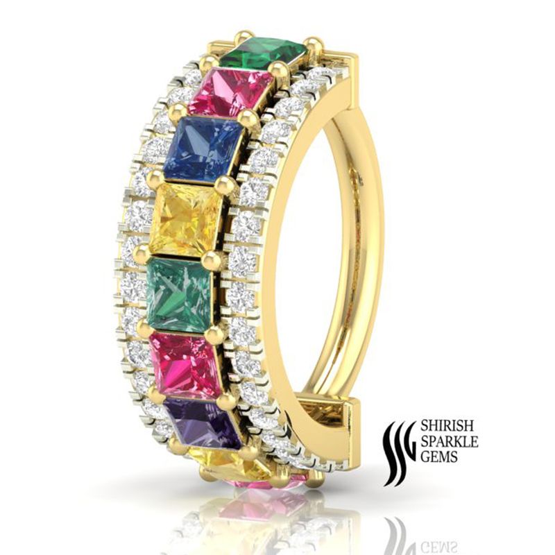 Natural Multicolor Princess Cut Gemstone & Solid gold Natural Diamond Hoop Nose Ring