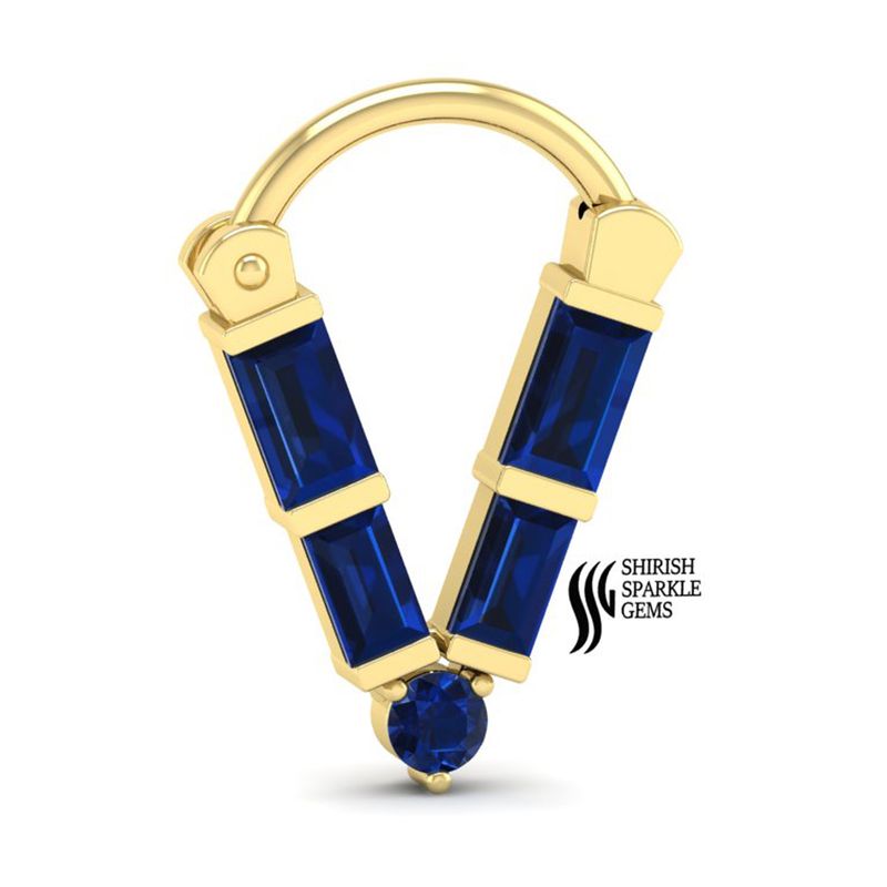 Natura Blue Sapphire V-Shape Nose Ring â Solid gold Baguette Cut Gemstone Statement Piercing