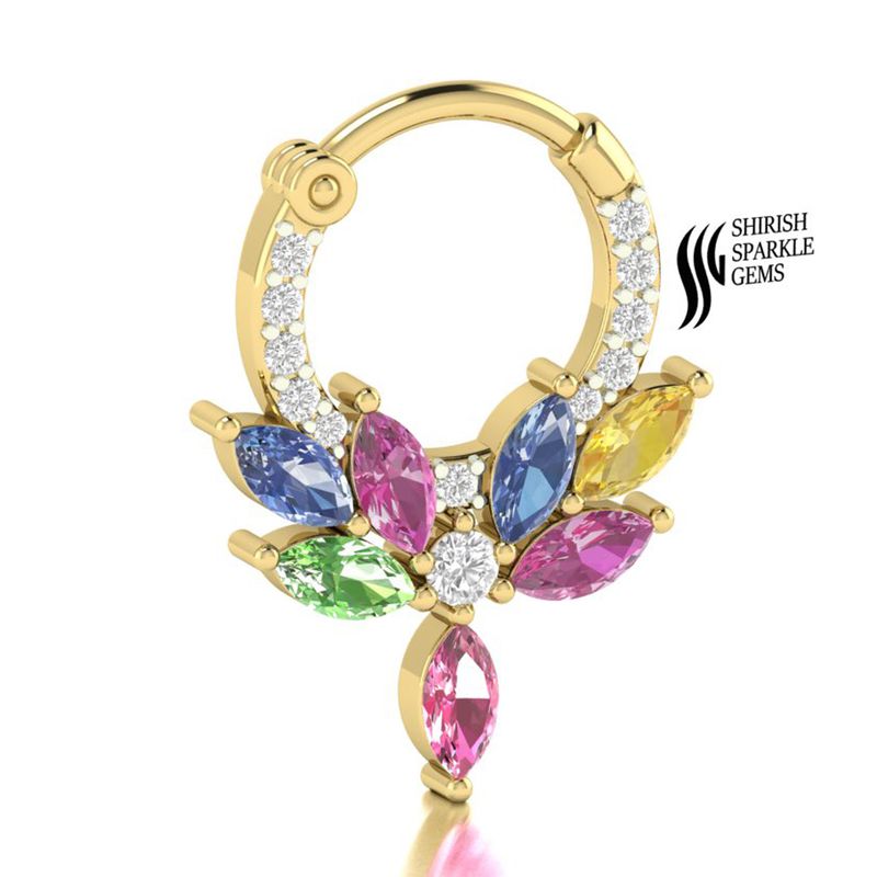 Rainbow Sapphire & Diamond Septum Ring â Multi Color Gemstone Nose Hoop | Helix, Daith & Cartilage Piercing | Unique Gift