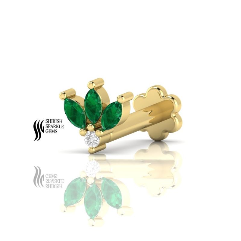 Yellow Gold Emerald & Diamond Nose Stud â Genuine Green Emerald Marquise Nose Bone | Real Gold Nose Piercing | Elegant Nose Pin Gift