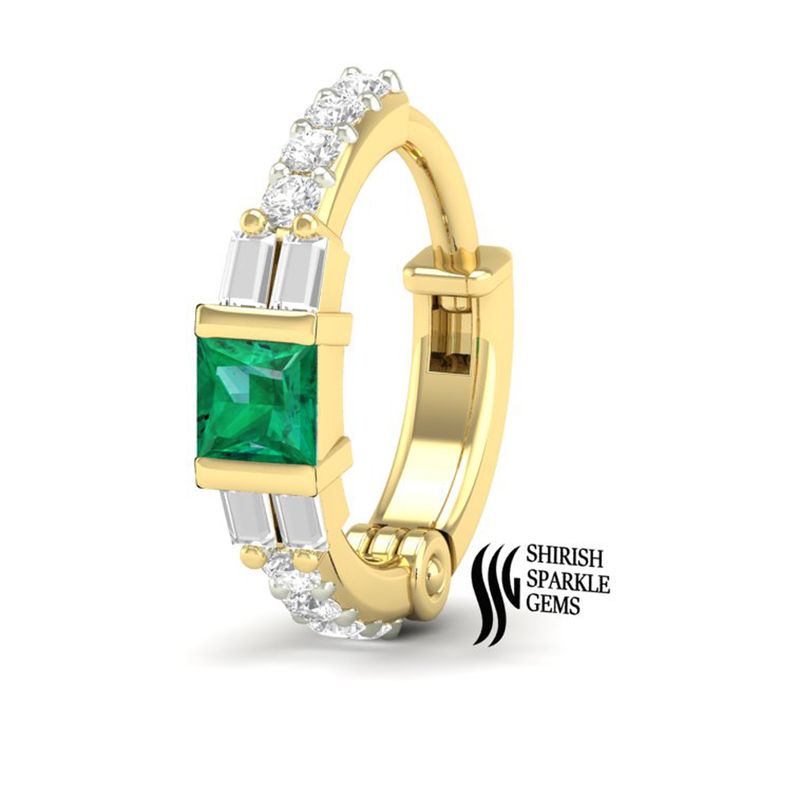 Gold Emerald & Diamond Clicker Hoop â Baguette Diamond Cartilage & Septum Ring | Green Emerald Nose Hoop | Elegant Fine Jewelry Gift