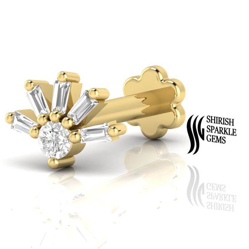 Gold Diamond Sunburst Nose Pin â Baguette & Round Cut Diamond Nose Stud | Solid Gold Cartilage Piercing | Minimalist Fine Jewelry Gift