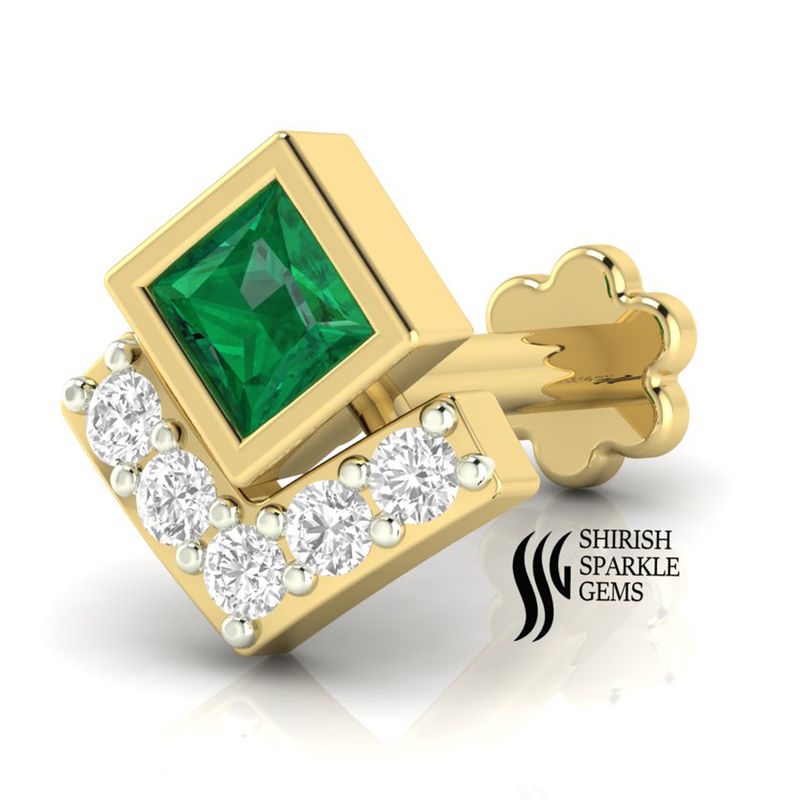 Natural emerald Gold Princess Cut Emerald & Diamond Nose Pin â Square Bezel Green Stone Nose Stud | Solid Gold Floral Diamond Accent | Fine Jewelry Gift