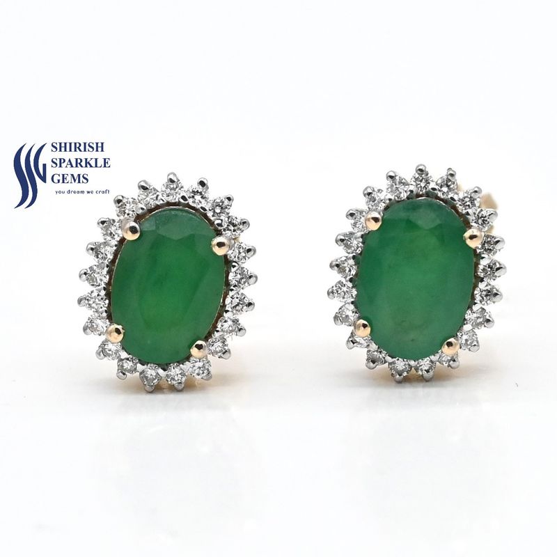 Natural Oval Emerald & Diamond Halo Stud Earrings â Solid Gold Emerald Studs with Sparkling Diamond Frame | Classic Fine Jewelry Gift for Her