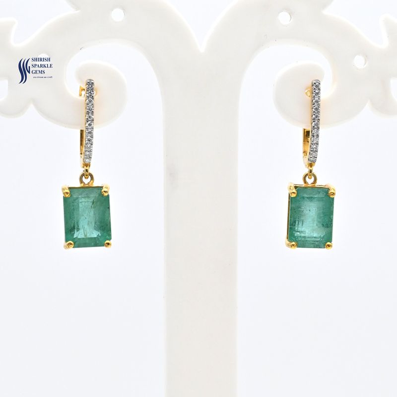 Natural Gold Emerald Drop Earrings with Diamond Bar Accent, Elegant Dangle Earrings for Women