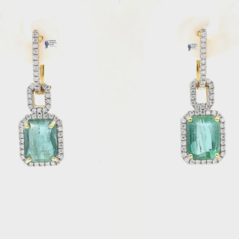 Natural Emerald & Diamond Halo Drop Earrings, Elegant Statement Dangle solid gold Earrings for Women