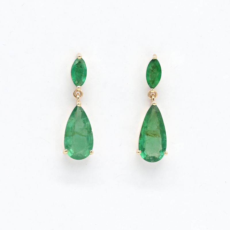 Solid Gold Natural Pear Shape Emerald Drop Earrings, Elegant Dangle Gift for Her