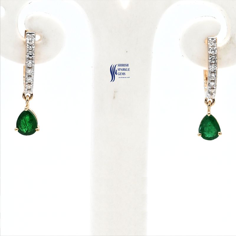 Natural Diamond Hoop Earrings with Pear Shape solid gold Emerald Drops, Elegant Dangle Earrings for Women