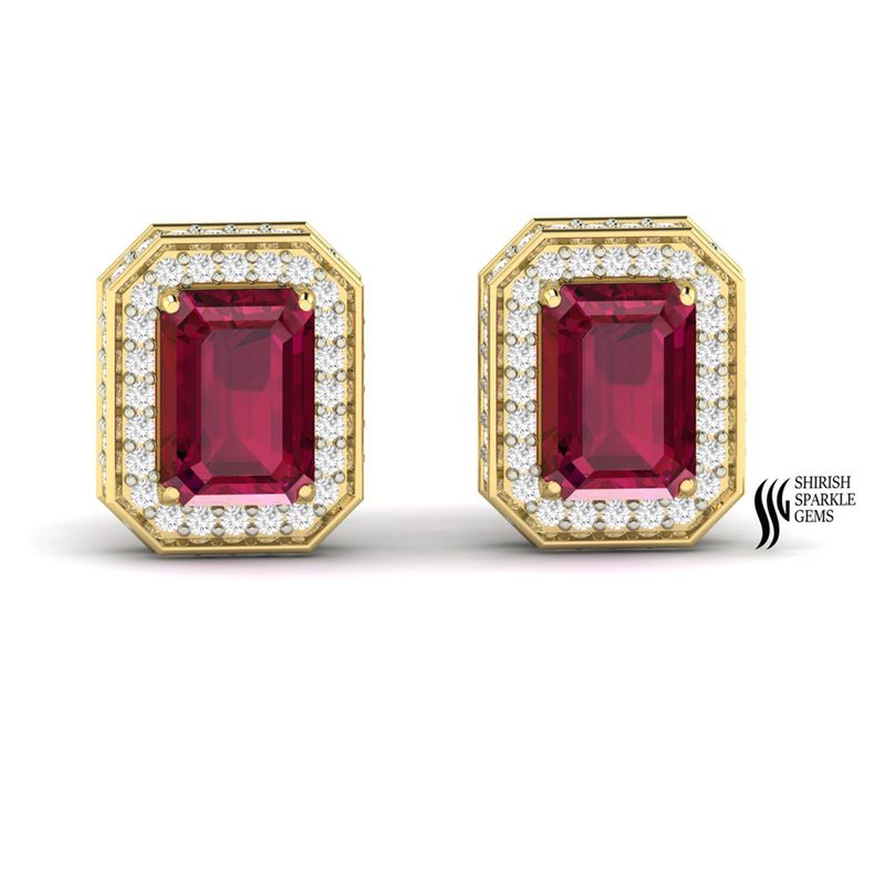 Solid Gold Ruby & Diamond Halo Stud Earrings, Emerald Cut Statement Earrings for Women