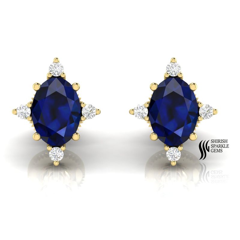 Solid Gold Oval Blue Sapphire & Diamond Stud Earrings, Classic Halo Sapphire Earrings, September Birthstone Gift for Her