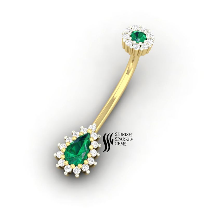 Emerald & Diamond Belly Ring, Pear Cut Emerald Navel Ring, Luxury Diamond Halo Belly Piercing Jewelry Gift