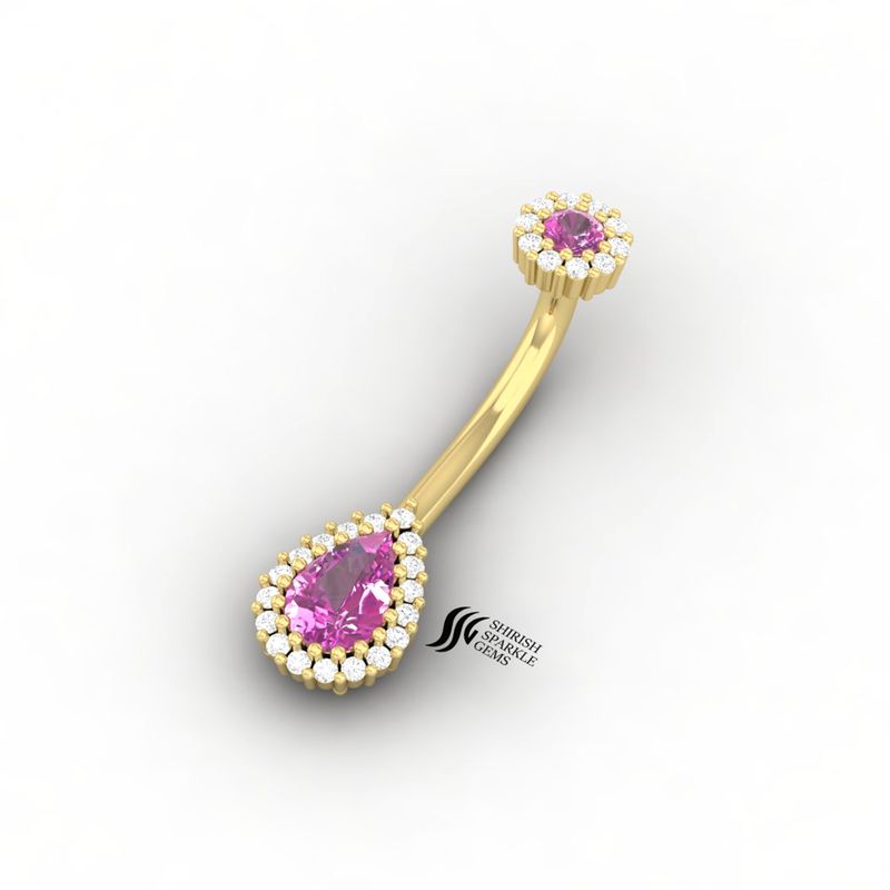 Solid Gold Pink Sapphire & Diamond Belly Ring, Pear Cut Pink Sapphire Navel Ring, Luxury Halo Body Jewelry Gift for Her