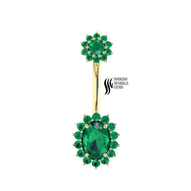 Gold Oval Emerald Double Halo Belly Ring, Green Gemstone Floral Navel Barbell Piercing Jewelry Gift