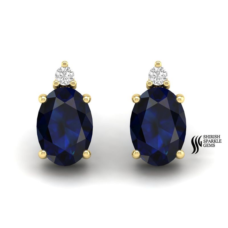 Luxury Oval Blue Sapphire Earrings with Diamond Accent in Solid Gold Anniversary Gift for Wife