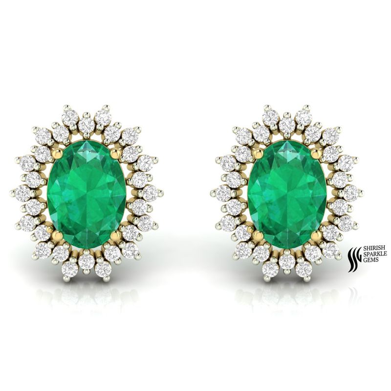 Solid Gold Oval Emerald & Diamond Halo Stud Earrings â May Birthstone Gift for Her