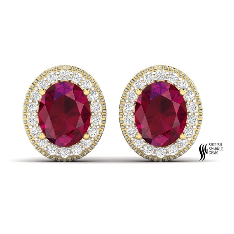 Gold Ruby Diamond Stud Earrings, Oval Ruby Halo Earrings, Vintage Milgrain Bridal Jewelry Gift for Her