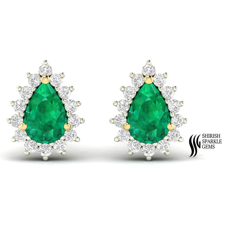 Pear Shaped Emerald & Diamond Halo Earrings in Solid Gold, Classic Wedding Studs