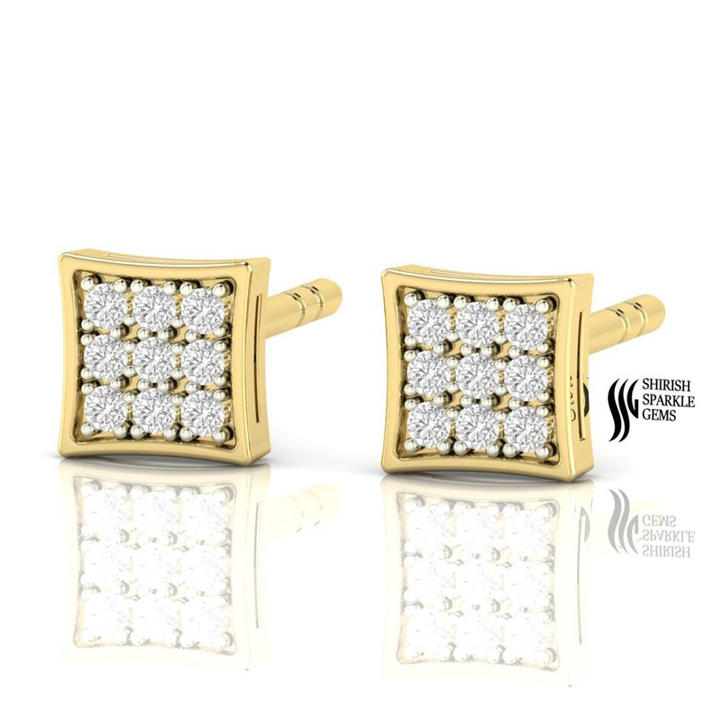 Luxury Solid Gold Diamond Pave Square Stud Earrings, Fine Minimalist Jewelry Gift