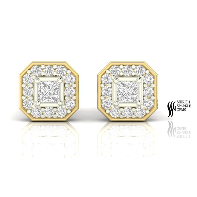 Princess Cut Diamond Stud Earrings in Solid Gold, Octagonal Halo Fine Jewelry