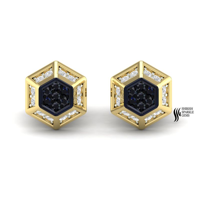 Hexagon Black Diamond Cluster Stud Earrings in Gold | Geometric Diamond Earrings for Women