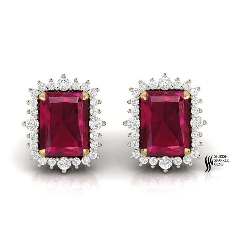 Emerald Cut Ruby Halo Diamond Stud Earrings in Gold | Elegant Ruby & Diamond Gift Earrings for Her