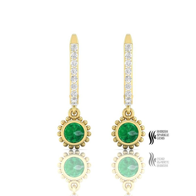 Gold Natural Emerald & Diamond Dangle Earrings â Round Green Gemstone Drop Earrings for Women