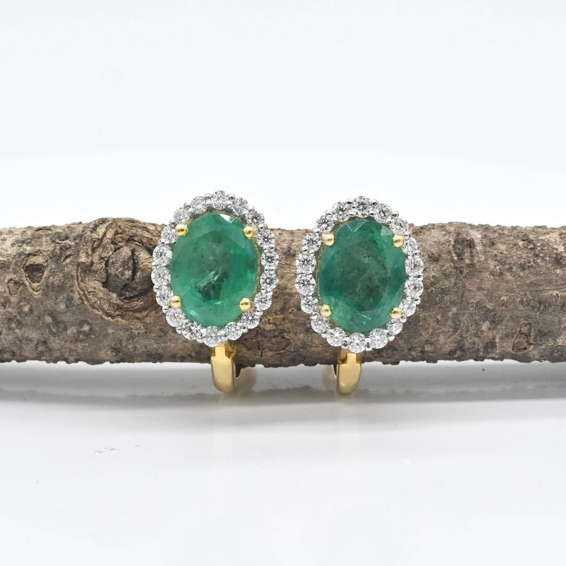 Gold Oval Emerald Diamond Halo Leverback Earrings â Elegant Green Gemstone Drop Earrings