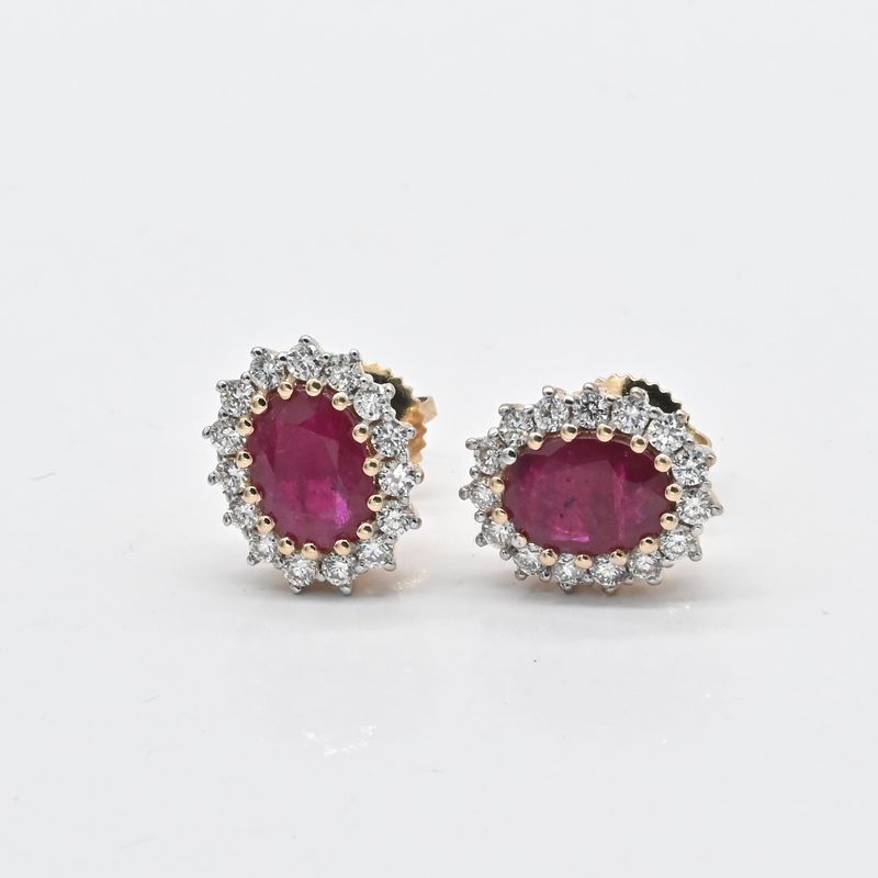 Natural Ruby Diamond Halo Stud Earrings, Oval Ruby Gold Earrings, Certified Red Ruby Earrings, Ready to Ship Ruby Jewelry, July Birthstone Gift
