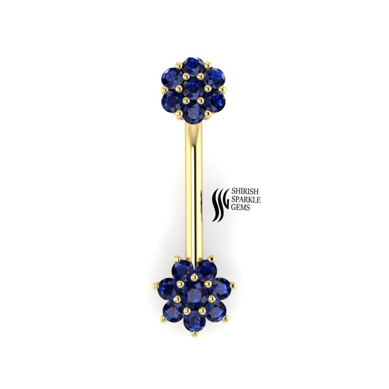 Sapphire Flower Belly Button Ring, Blue Sapphire Cluster Belly Ring in Solid Gold