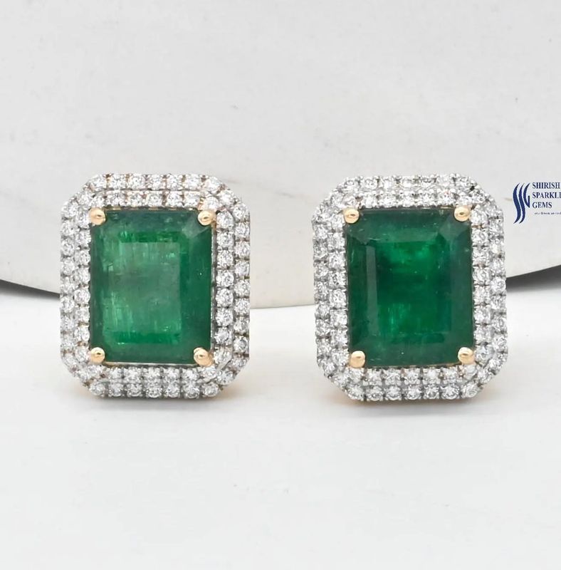 Natural Emerald Diamond Halo Stud Earrings, Emerald Cut Emerald Earrings, Solid Gold Green Gemstone Earrings, May Birthstone Jewelry Gift