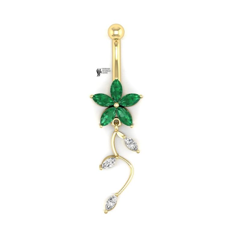 Solid Gold Emerald Flower Belly Ring, Diamond Dangle Navel Ring, Marquise Emerald Belly Bar, Floral Belly Button Ring