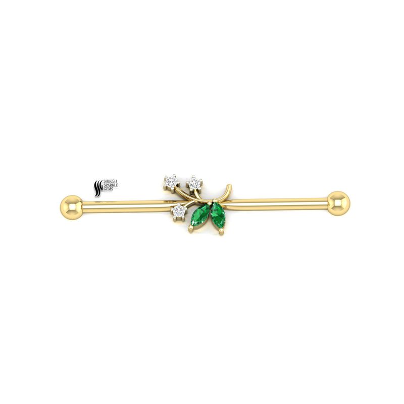 Emerald Diamond Industrial Barbell | Marquise Green Emerald Cartilage Piercing |Solid Gold Luxury Ear Barbell Jewelry