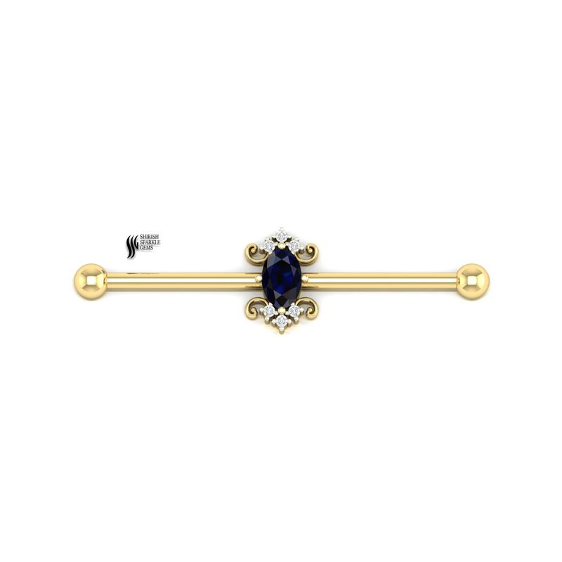 Gold Blue Sapphire Diamond Industrial Barbell | Marquise Sapphire Cartilage Piercing | Luxury Ear Bar Jewelry