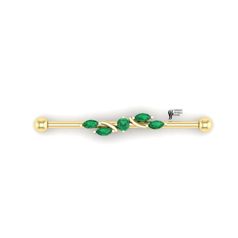 Gold Emerald Industrial Barbell | Marquise Green Emerald Cartilage Piercing | Luxury Ear Bar Jewelry