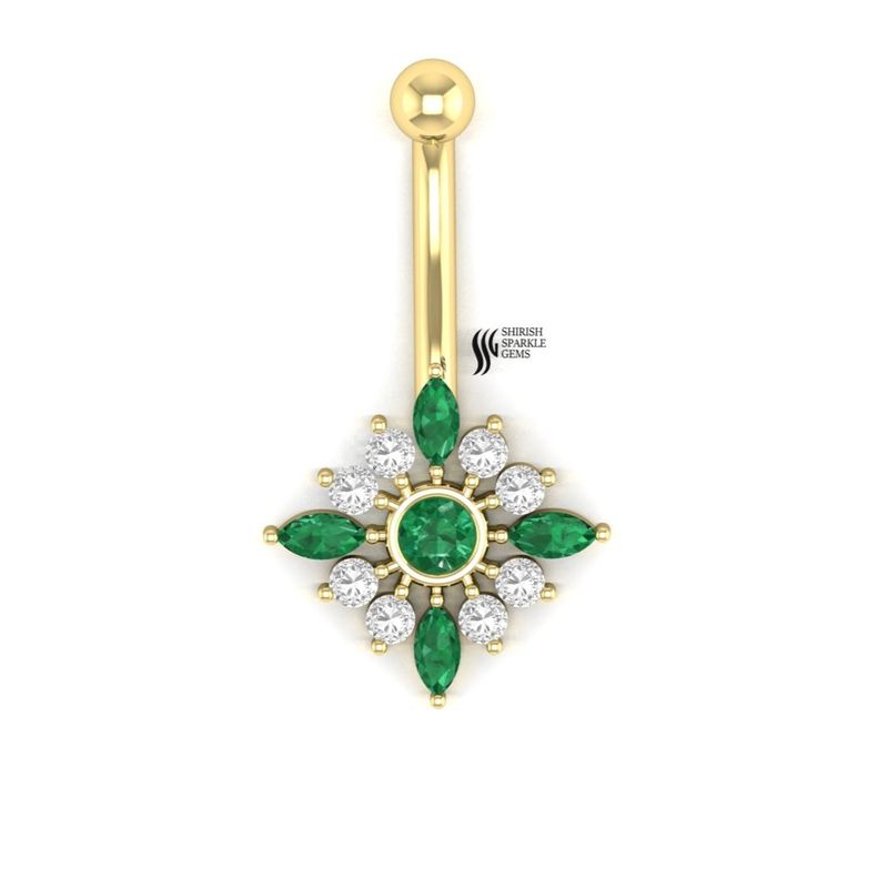 Emerald Diamond Belly Ring, Floral Marquise Emerald Navel Ring, 14K Gold Diamond Belly Button Ring, Elegant Green Gemstone Body Jewelry Gift