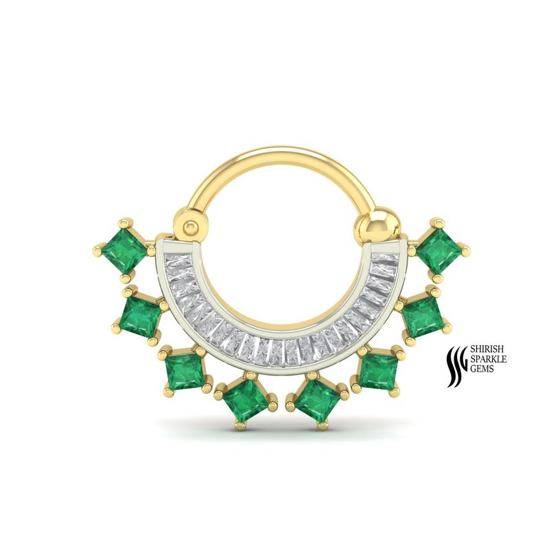 Emerald Diamond Septum Ring, Green Princess Cut Emerald Clicker Nose Ring, Diamond Fan Style Septum Hoop, Elegant Gemstone Body Jewelry Gift