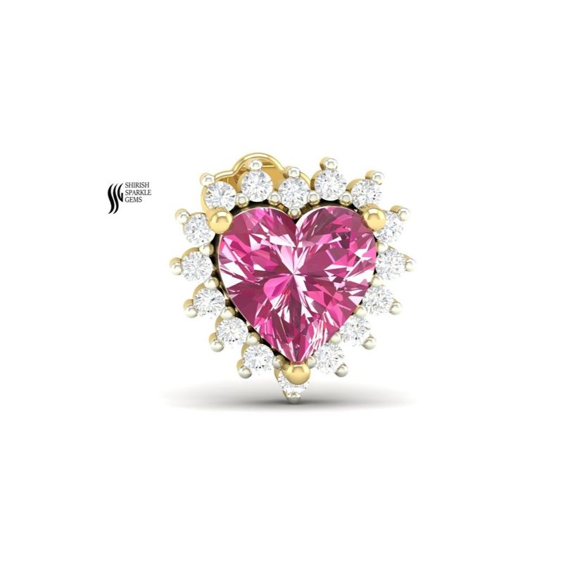Solid Gold Pink Sapphire Heart Nose Pin, Diamond Halo Nose Stud, Heart Cut Pink Gemstone Nose Ring, Elegant Gold Nose Jewelry Gift