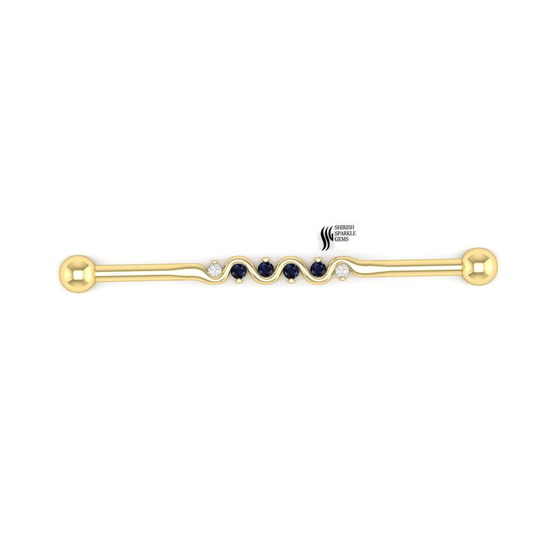 Blue Sapphire & Diamond Wave Industrial Barbell in Solid Gold â Elegant Sapphire Industrial Piercing Jewelry