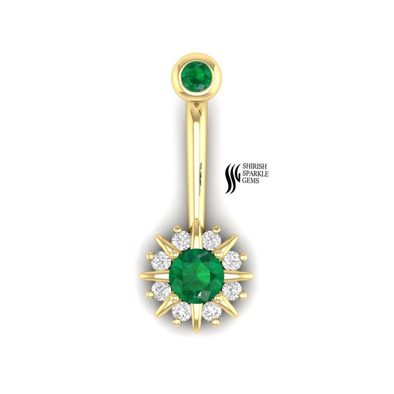 Solid Gold Emerald & Diamond Belly Ring â Round Gemstone Navel Piercing Jewelry