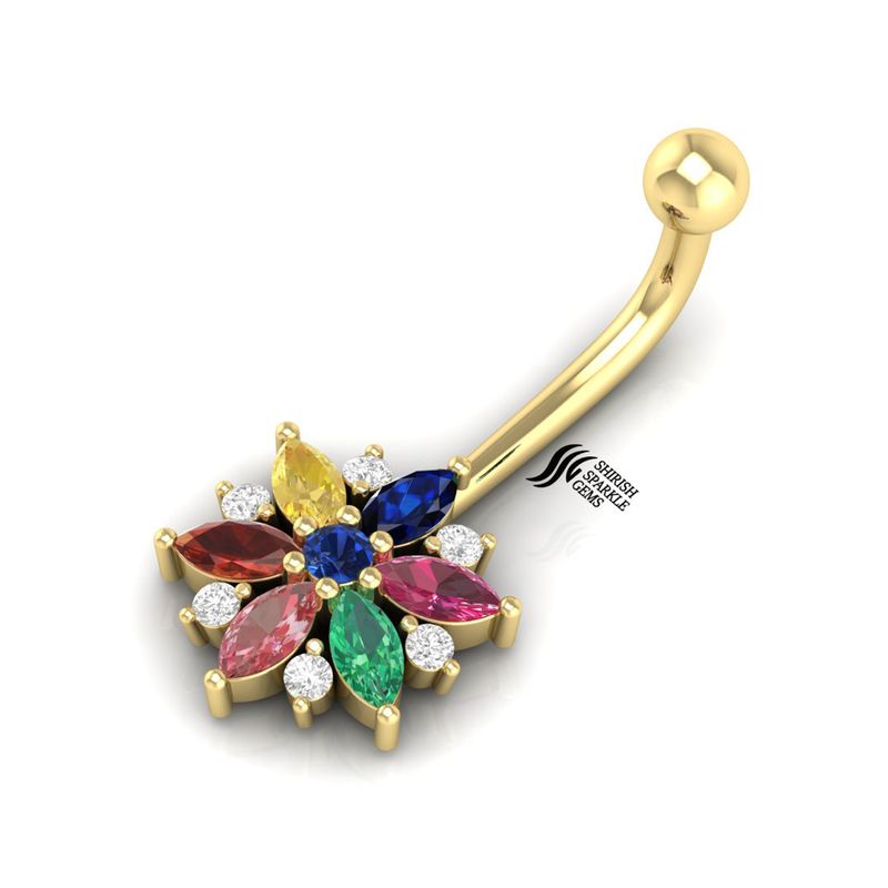 Rainbow Multi Color Sapphire Flower Belly Button Ring â Solid Gold Diamond Navel Jewelry