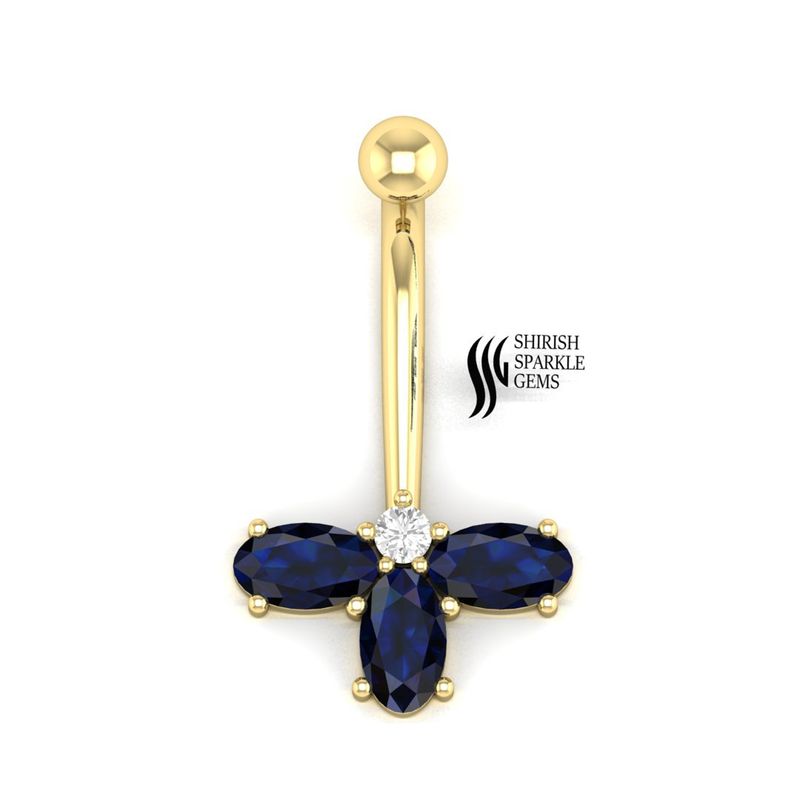 Blue Sapphire Diamond Flower Belly Ring, 14K Solid Gold Navel Piercing Gift