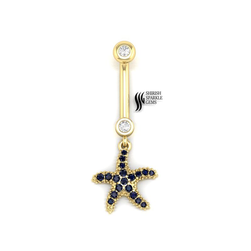 Blue Sapphire Starfish Belly Ring Solid Gold Navel Ring Ocean Body Jewelry