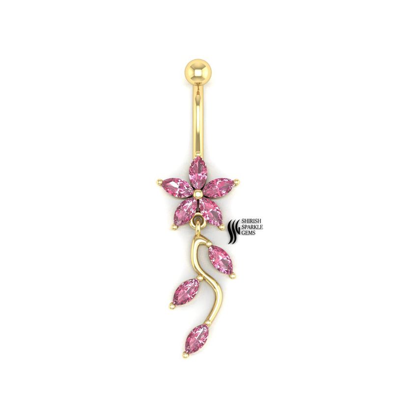 Gold Pink Sapphire Belly Button Ring, Floral Marquise Pink Gem Navel Ring, Dangle Belly Piercing Jewelry, Flower Belly Bar Gift