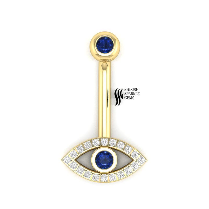 Blue Sapphire Diamond Navel Ring, Evil Eye Belly Piercing Jewelry, Protective Gift for Her