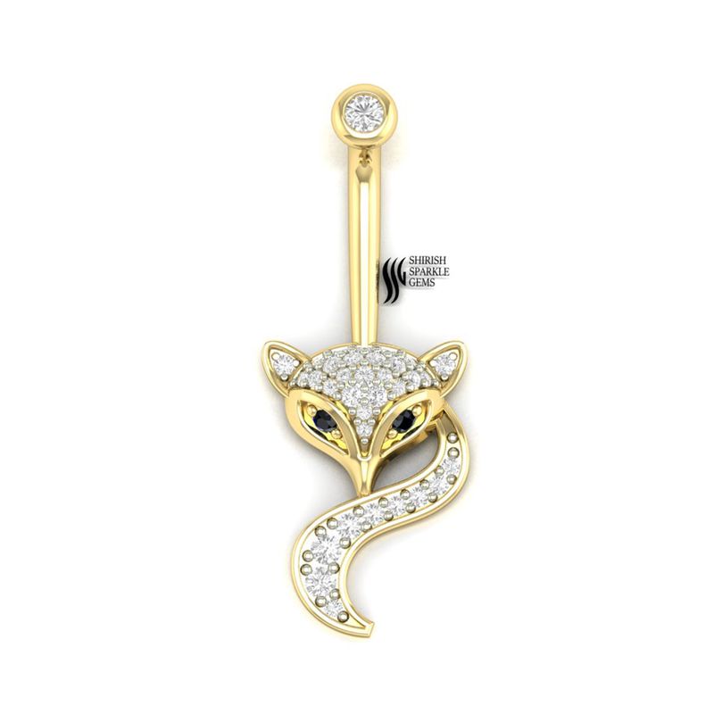 Diamond Fox Belly Button Ring in Solid Gold, Cute Animal Navel Jewelry, Fox Tail Belly Piercing, Gift for Women