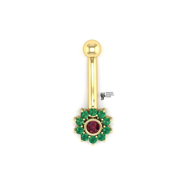 Solid Gold Ruby Emerald Flower Belly Ring â Floral Gemstone Navel Piercing Jewelry