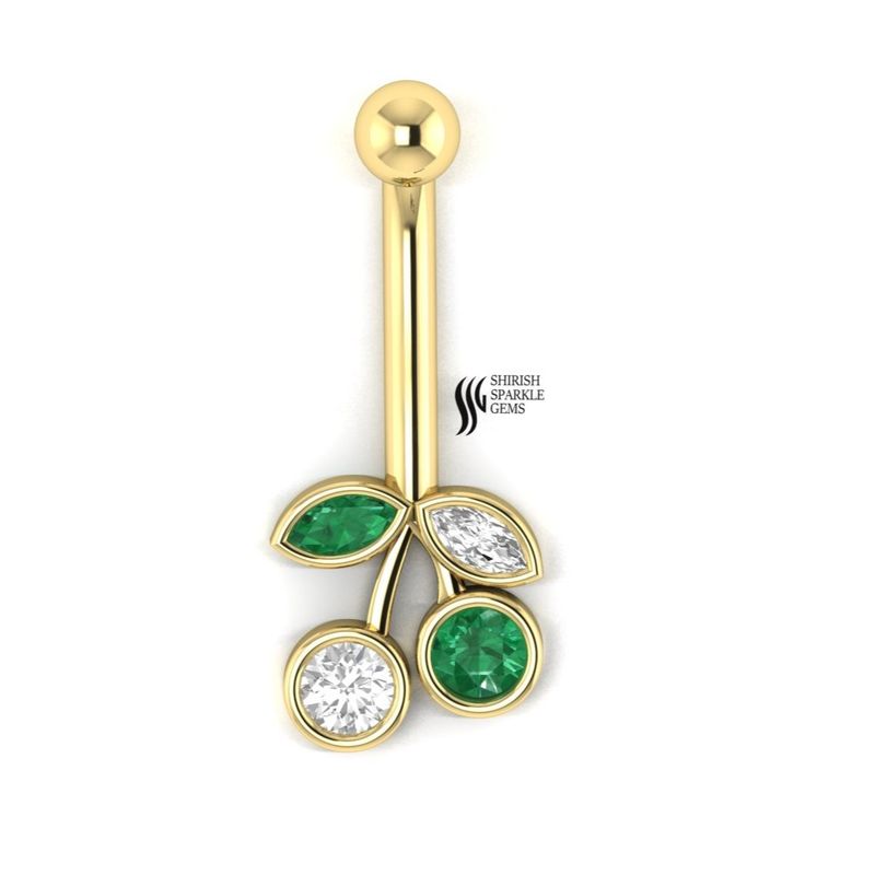 Solid Gold Cherry Belly Ring with Emerald & Diamond | Fruit Belly Button Ring | Luxury Navel Piercing Jewelry