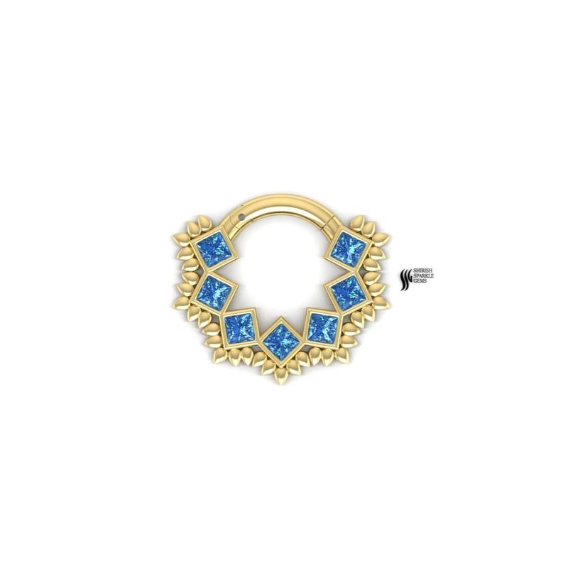 Solid Gold Sapphire Nose Ring | Princess Cut Blue Sapphire Septum Clicker | Unique Nose Piercing Jewelry